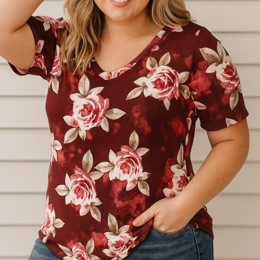 LuLaRoe Ribbed Floral V Neck Burgundy Rose Print Shirt XL